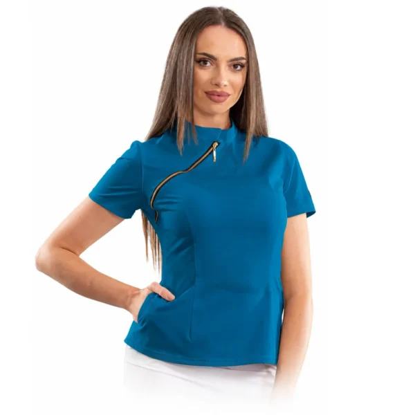 Bluză medicală damă Luxury cu fermoar asimetric, culoare Dark marine
