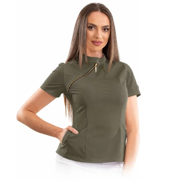 Bluză medicală damă Luxury cu fermoar asimetric, culoare Olive
