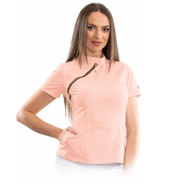 Bluză medicală damă Luxury cu fermoar asimetric, culoare Powder pink