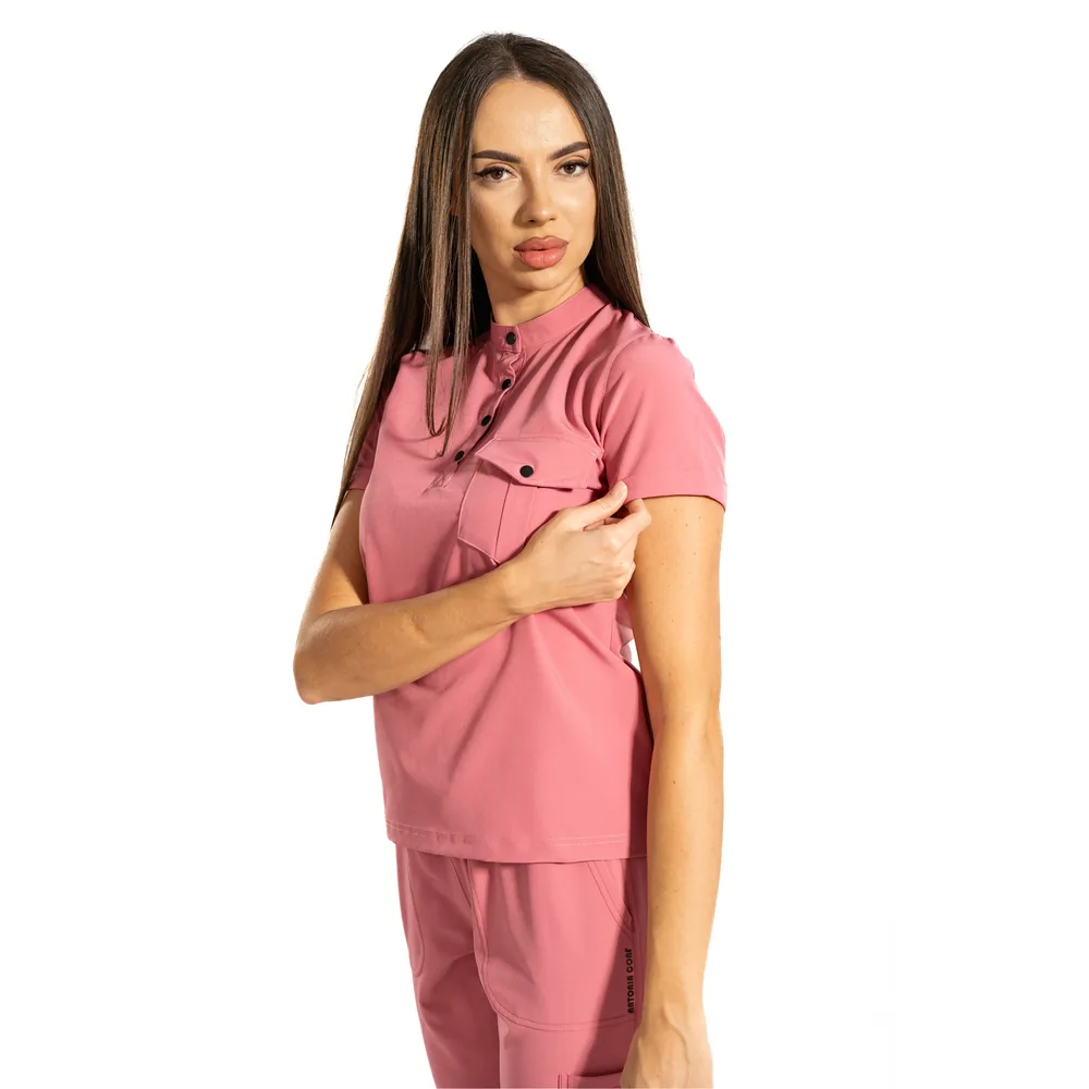 Bluză medicală damă Urban Style cu guler tunică, culoare Ash pink