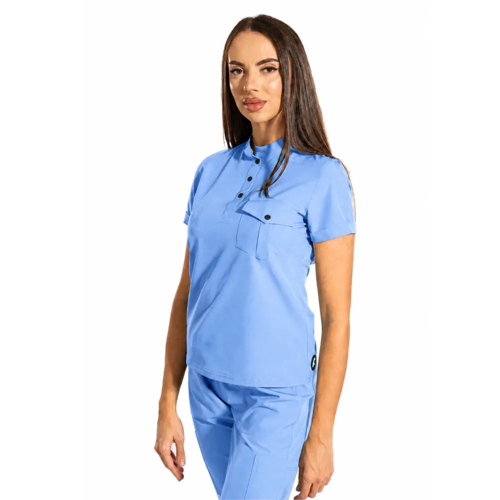 Bluză medicală damă Urban Style cu guler tunică, culoare Blue ashes