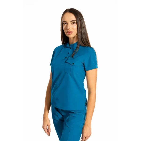 Bluză medicală damă Urban Style cu guler tunică, culoare Dark marine