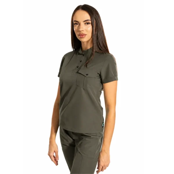 Bluză medicală damă Urban Style cu guler tunică, culoare Olive
