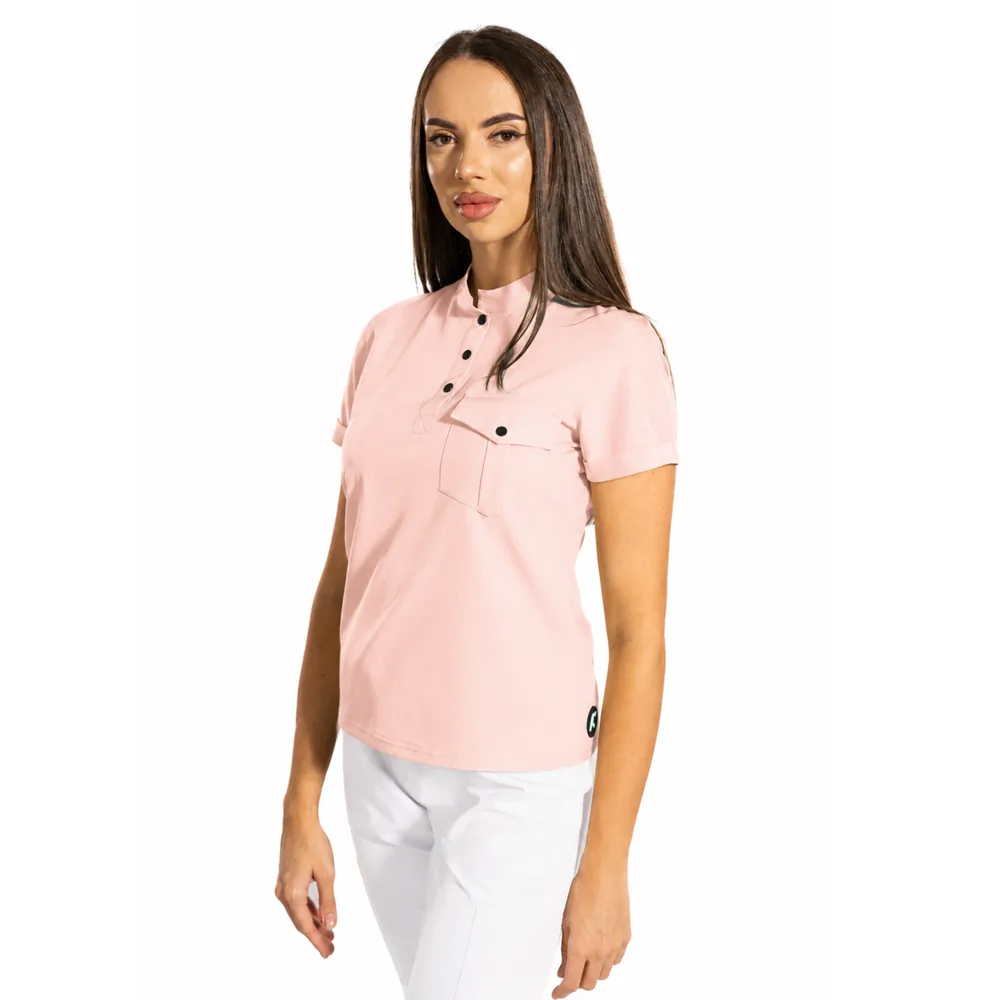 Bluză medicală damă Urban Style cu guler tunică, culoare Powder pink