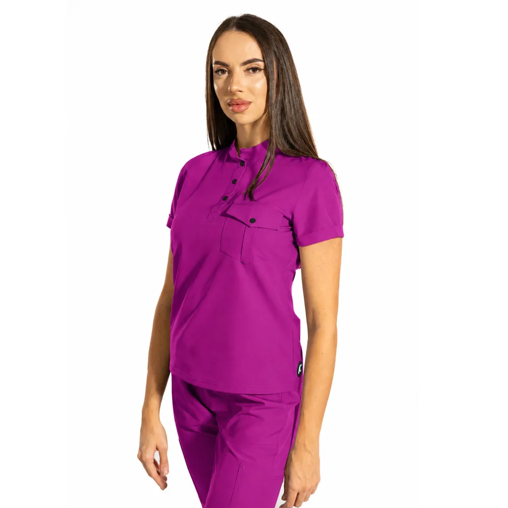 Bluză medicală damă Urban Style cu guler tunică, culoare Raspberry