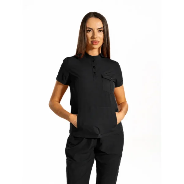 Bluză medicală damă Urban Cargo cu guler tunică și buzunare securizate, culoare Black