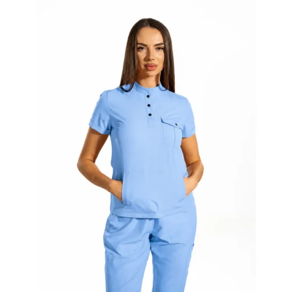 Urban Cargo women’s medical blouse with mandarin collar and secure pockets, colour Blue ashes