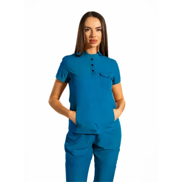 Bluză medicală damă Urban Cargo cu guler tunică și buzunare securizate, culoare Dark marine