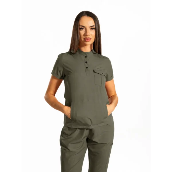 Urban Cargo women’s medical blouse with mandarin collar and secure pockets, colour Olive