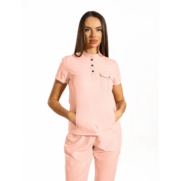 Bluză medicală damă Urban Cargo cu guler tunică și buzunare securizate, culoare Powder pink