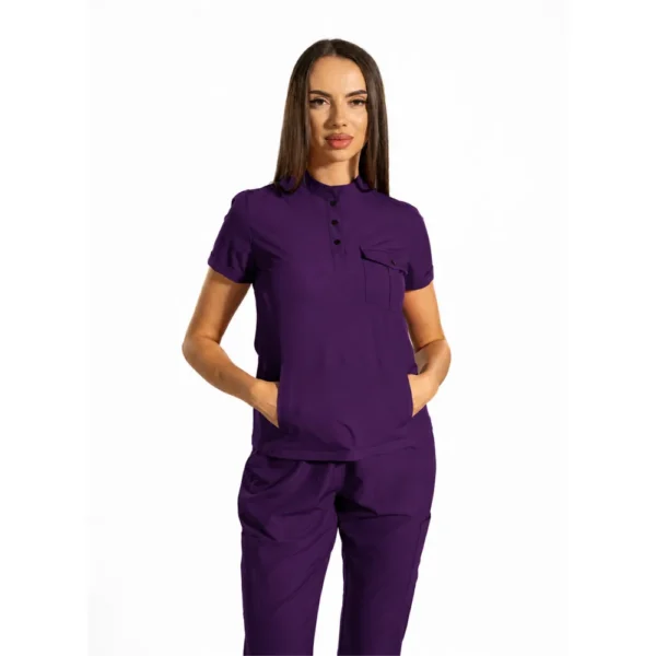 Bluză medicală damă Urban Cargo cu guler tunică și buzunare securizate, culoare Purple