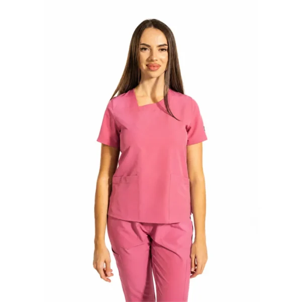 Bluză medicală damă Dynamic Shift cu decolteu asimetric, culoare Ash pink