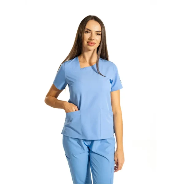 Bluză medicală damă Dynamic Shift cu decolteu asimetric, culoare Blue ashes