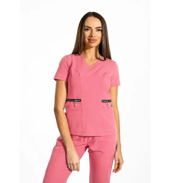 Bluză medicală damă Zip-Glam cu decolteu în V, culoare Ash pink