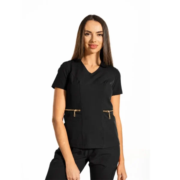 Bluză medicală damă Zip-Glam cu decolteu în V, culoare Black