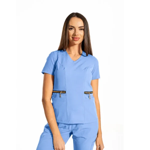 Bluză medicală damă Zip-Glam cu decolteu în V, culoare Blue ashes