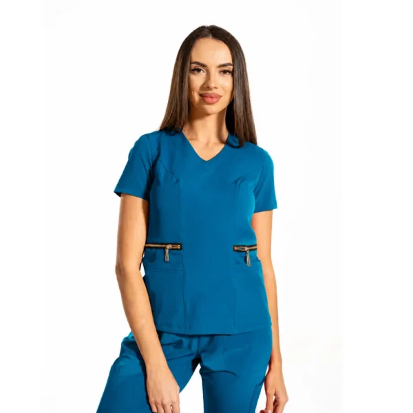 Bluză medicală damă Zip-Glam cu decolteu în V, culoare Dark marine