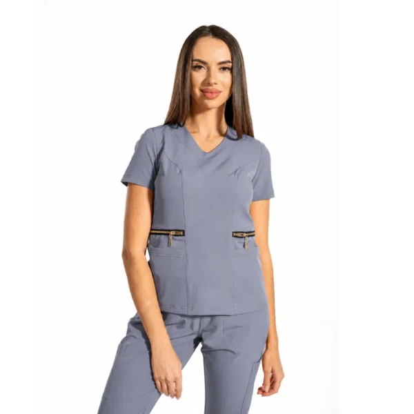Bluză medicală damă Zip-Glam cu decolteu în V, culoare Grey