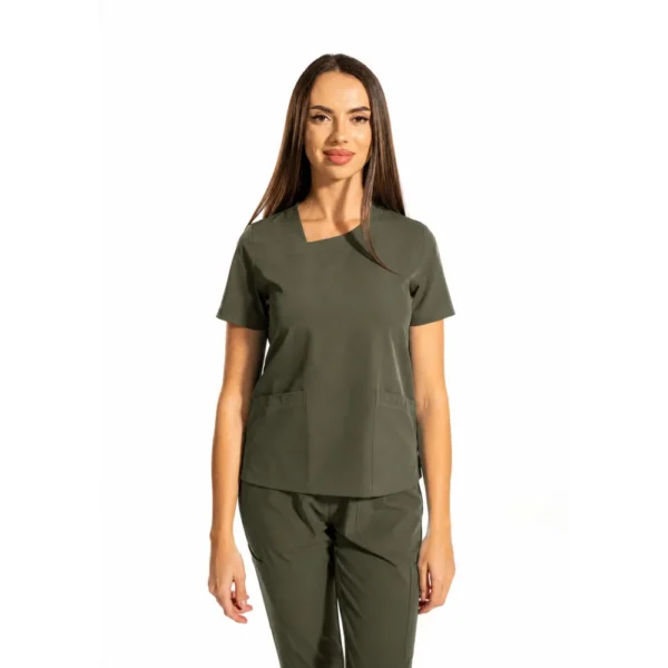 Bluză medicală damă Zip-Glam cu decolteu în V, culoare Olive