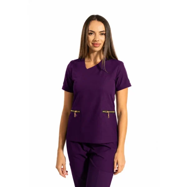 Bluză medicală damă Zip-Glam cu decolteu în V, culoare Purple