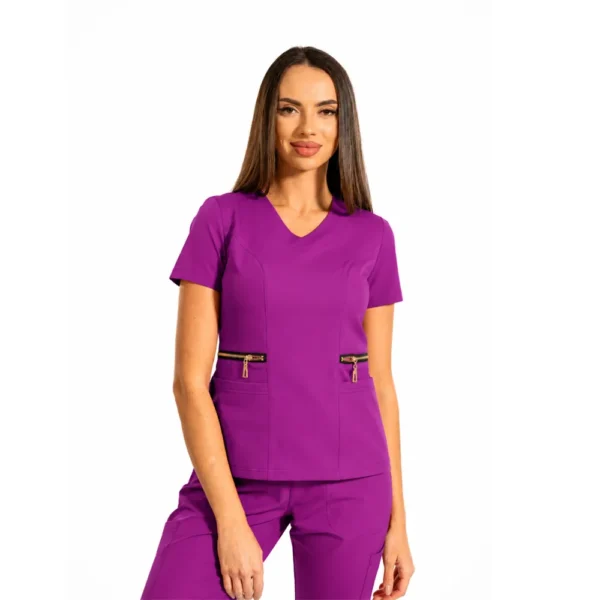 Bluză medicală damă Zip-Glam cu decolteu în V, culoare Raspberry