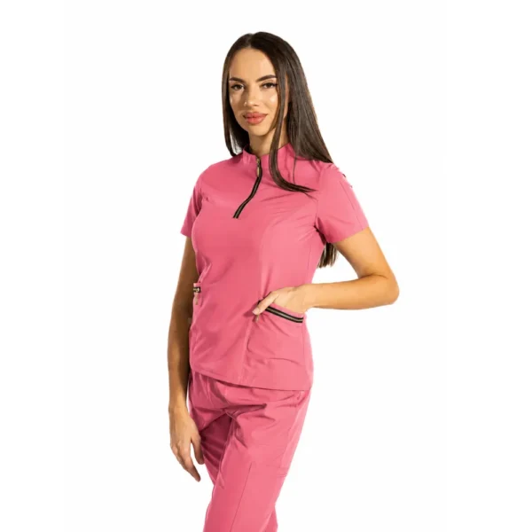 Elite Zip women’s medical blouse with mandarin collar, colour Ash pink