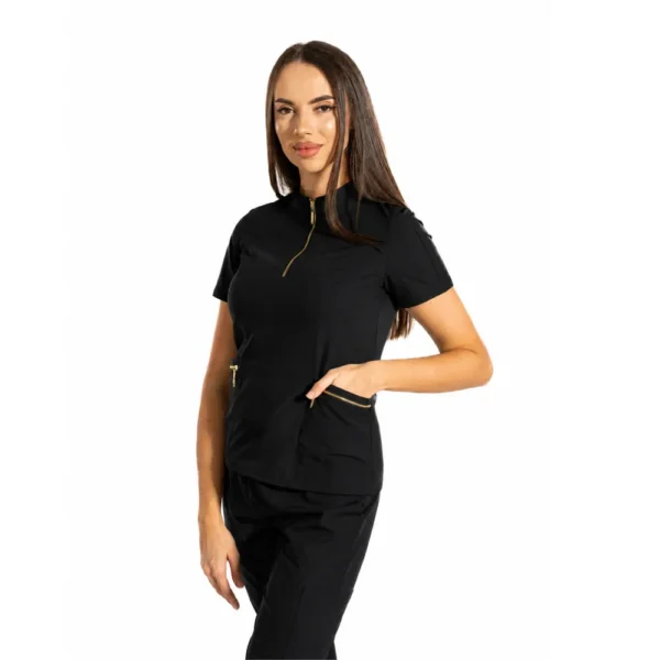 Bluză medicală damă Elite Zip cu guler tunică, culoare Black