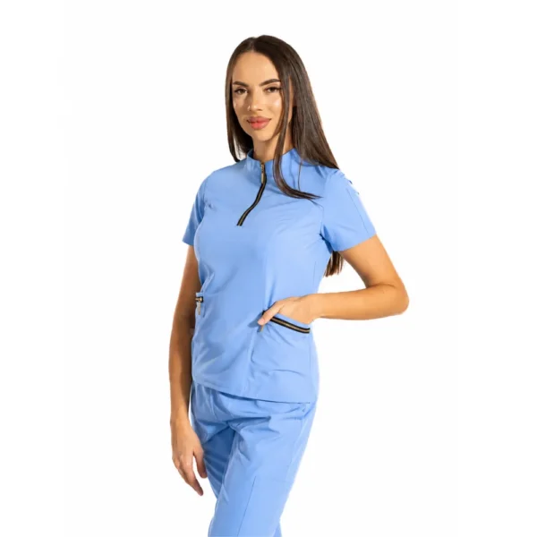 Bluză medicală damă Elite Zip cu guler tunică, culoare Blue ashes