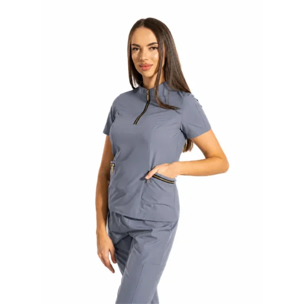 Bluză medicală damă Elite Zip cu guler tunică, culoare Grey