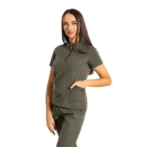 Elite Zip women’s medical blouse with mandarin collar, colour Olive