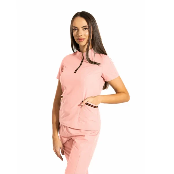 Bluză medicală damă Elite Zip cu guler tunică, culoare Powder pink