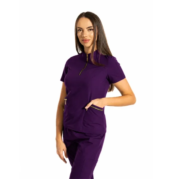 Bluză medicală damă Elite Zip cu guler tunică, culoare Purple