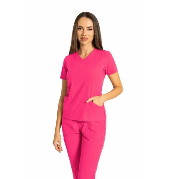 Bluză medicală damă Essential Comfort cu decolteu în V, culoare Amarant