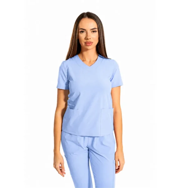 Bluză medicală damă Essential Comfort cu decolteu în V, culoare Baby blue