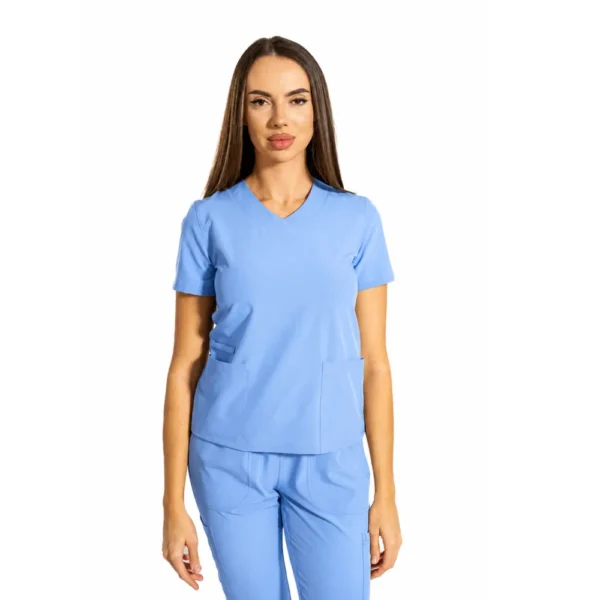 Bluză medicală damă Essential Comfort cu decolteu în V, culoare Blue ashes