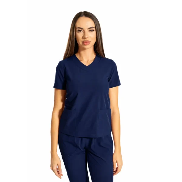 Bluză medicală damă Essential Comfort cu decolteu în V, culoare Classic navy