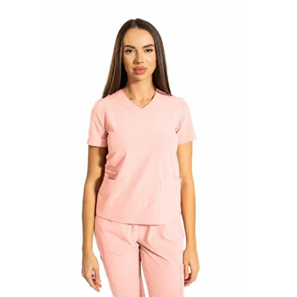 Bluză medicală damă Essential Comfort cu decolteu în V, culoare Powder pink