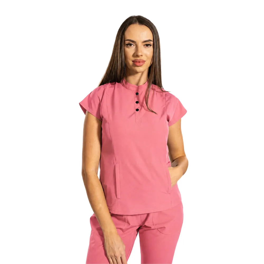 Bluză medicală damă Urban Tech cu guler tunică și buzunar marsupiu, culoare Ash pink
