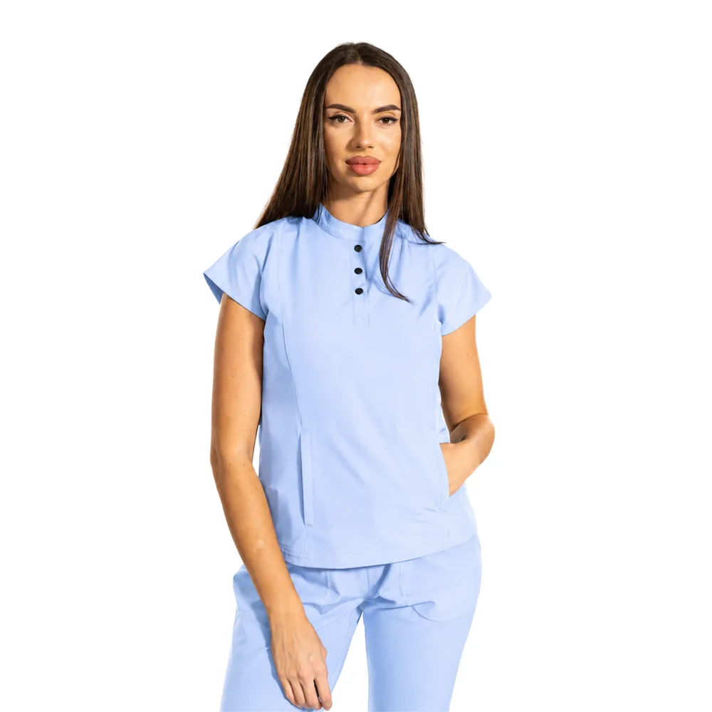 Bluză medicală damă Urban Tech cu guler tunică și buzunar marsupiu, culoare Baby blue