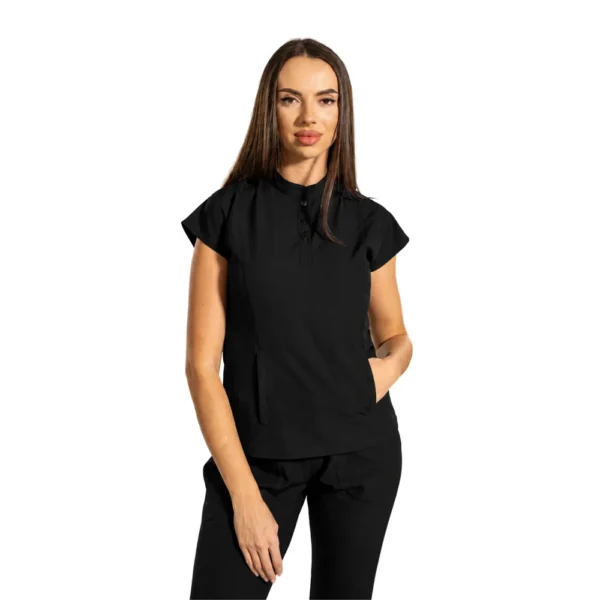 Urban Tech women’s medical blouse with mandarin collar and kangaroo pocket, colour Black