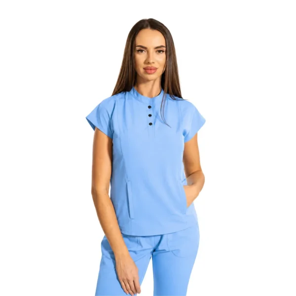 Bluză medicală damă Urban Tech cu guler tunică și buzunar marsupiu, culoare Blue ashes