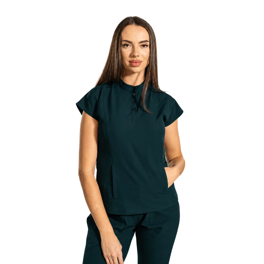 Bluză medicală damă Urban Tech cu guler tunică și buzunar marsupiu, culoare Dark green