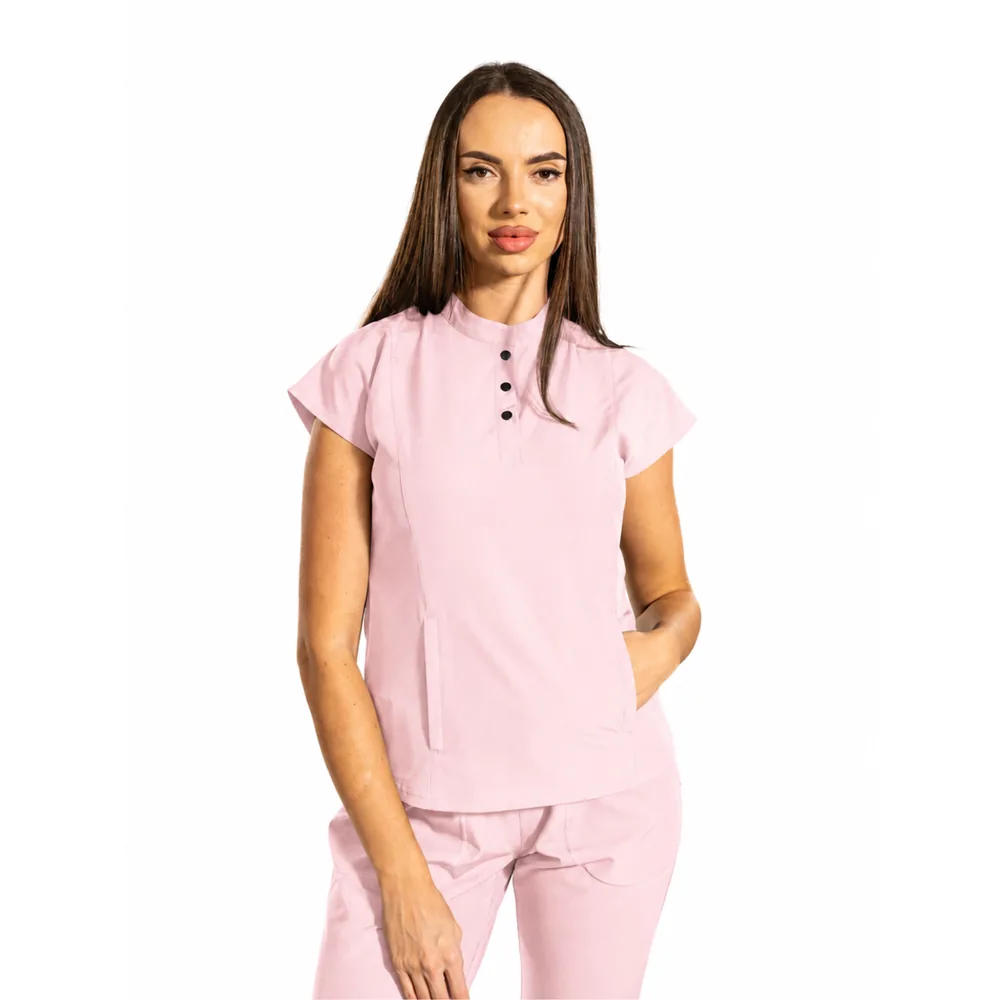 Bluză medicală damă Urban Tech cu guler tunică și buzunar marsupiu, culoare Light pink B