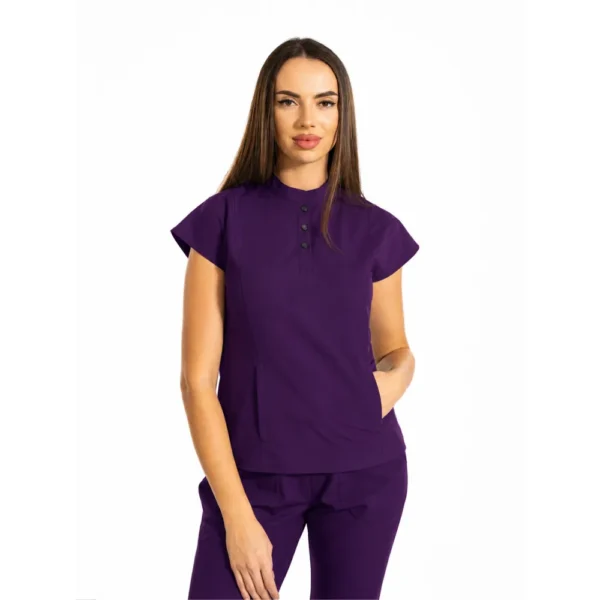 Bluză medicală damă Urban Tech cu guler tunică și buzunar marsupiu, culoare Purple