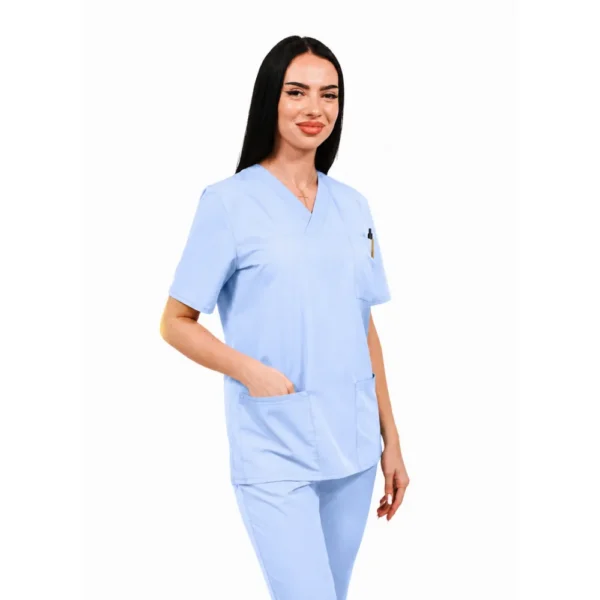 Bluză medicală damă Smart-Clasic cu decolteu petrecut, culoare Baby blue