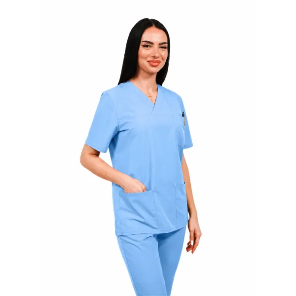 Smart Classic women’s medical blouse with wrap neckline, colour Blue ashes