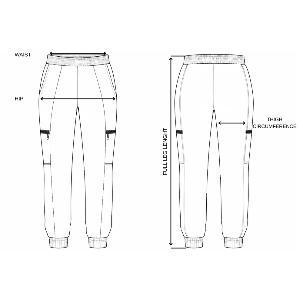 Pantaloni medicali damă Active Jogger cu buzunare laterale, schiță tehnică